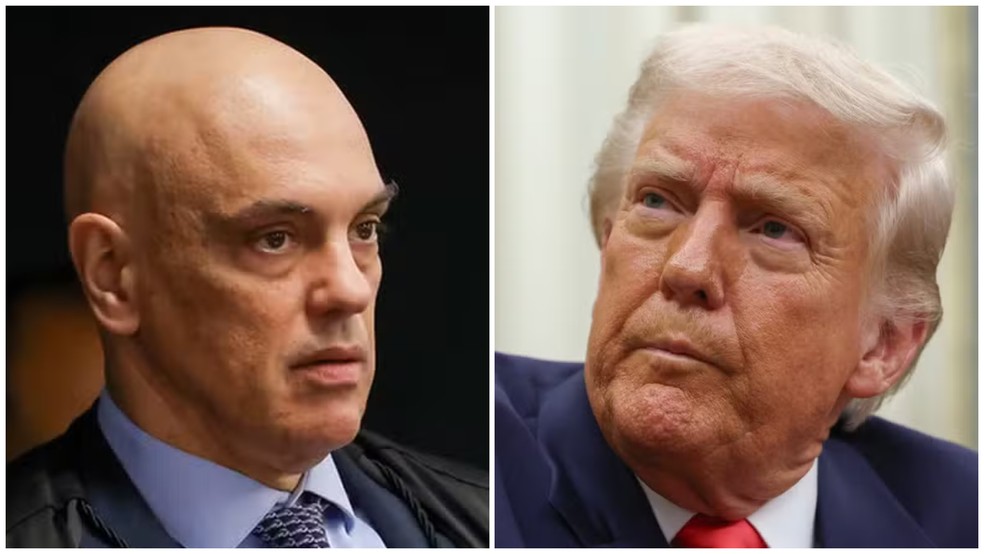 Maioria das redes sociais critica sanções contra Moraes, aponta pesquisa da Quaest Montagem com fotos do ministro do STF, Alexandre de Moraes, e do presidente dos Estados Unidos, Donald Trump — Foto: Gustavo Moreno/STF e Evelyn Hockstein/Reuters