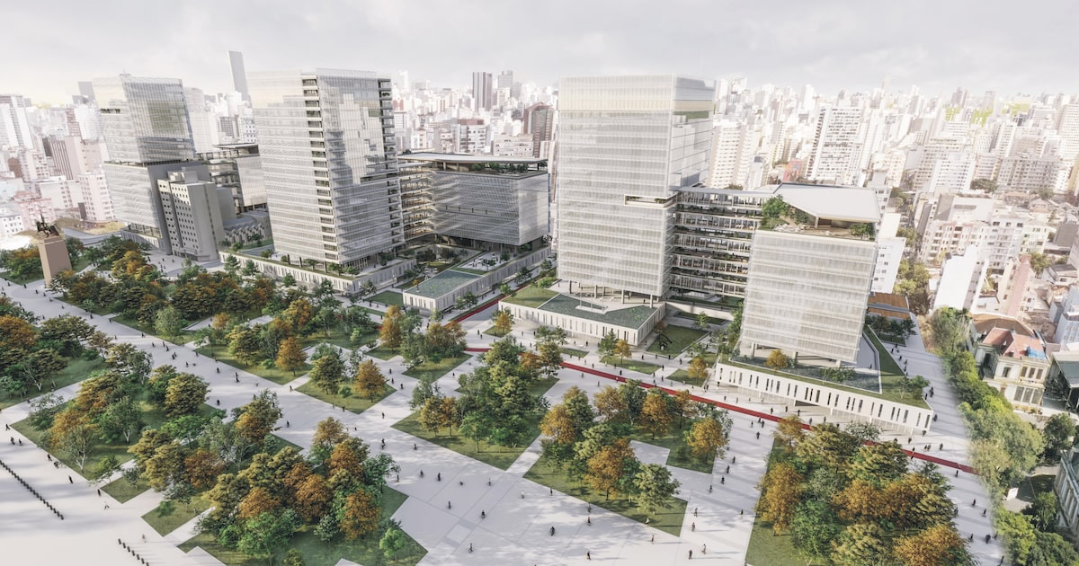 Tarcísio lança edital para concessão do novo centro administrativo nesta terça-feira Projeto para o novo Centro Administrativo de São Paulo prevê interior das quadras com áreas verdes, numa espécie de ampliação da Praça Princesa Isabel. (Foto: Instituto dos Arquitetos do Brasil/Reprodução)