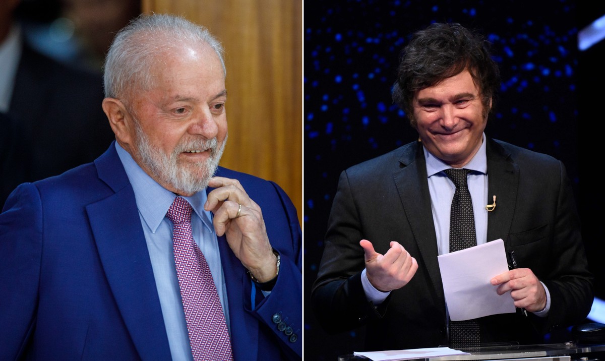 Presidentes Luiz Inácio Lula da Silva e Javier Milei — Foto: Brenno Carvalho/O Globo e Luis Robayo/AFP