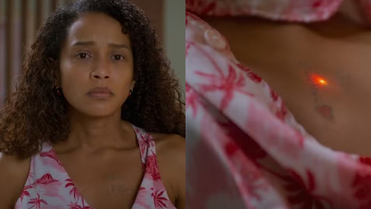 Personagem de 'Vale Tudo' remove tatuagem da filha; entenda o procedimento Raquel (Taís Araujo) retirou a tatuagem com o nome de Maria de Fátima (Bella Campos) — Foto: Reprodução Globo