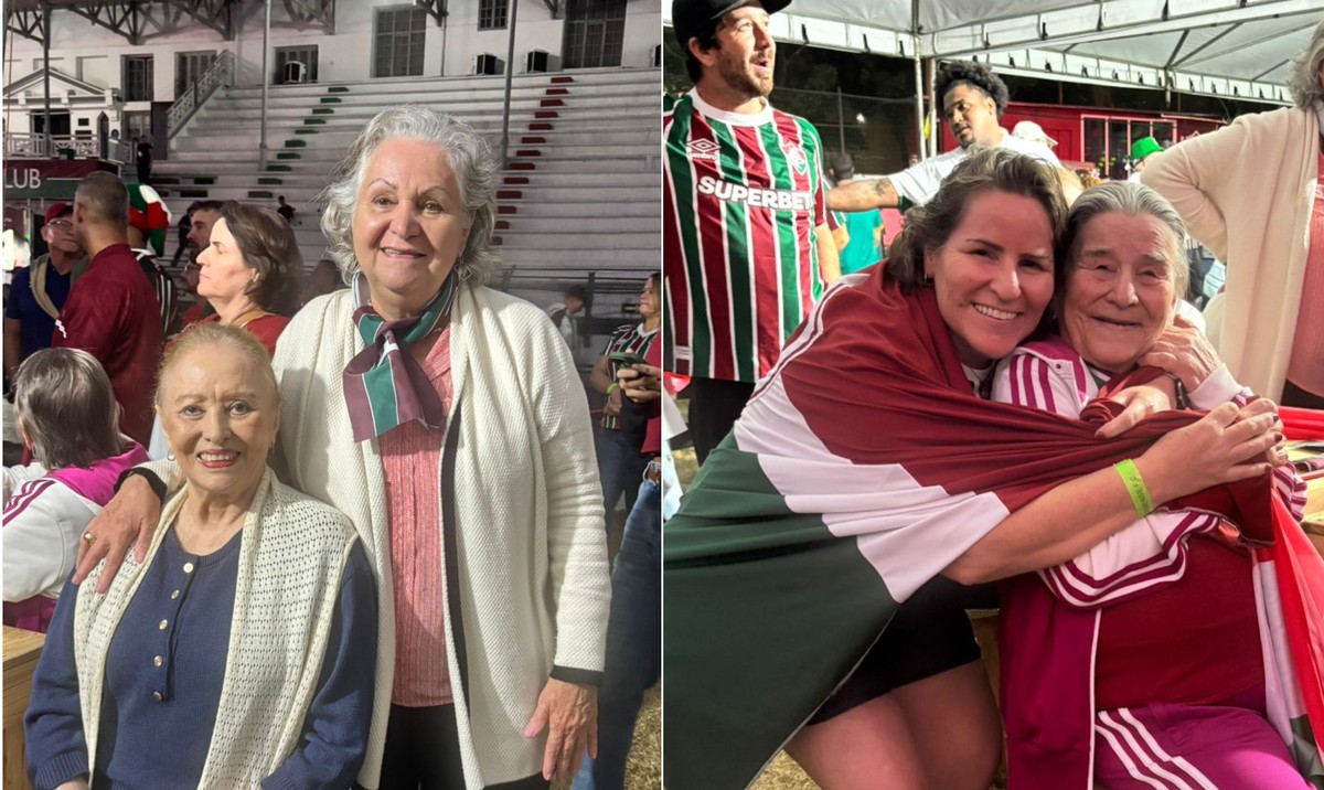 Casa Laranjeiras promove encontro emocionante de torcedoras tricolores da terceira idade Marilene em pé, de casaco branco, e Luzimar Tavares, sentada; do outro lado, Maria de Lurdes e sua filha Fernanda Malta — Foto: Maírah Rubim