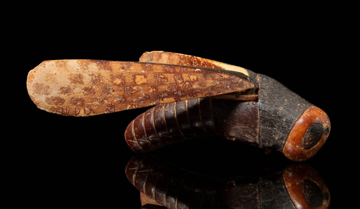 Gafanhoto de Tutancâmon será leiloado em Londres apesar de suspeitas de roubo O Guennol Grasshopper, um recipiente de marfim e madeira (Foto: Apollo Art Auctions)