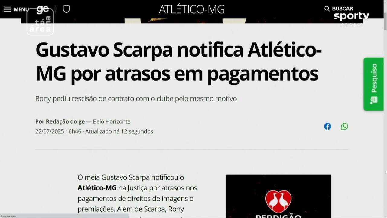 Gustavo Scarpa aciona Atlético-MG por atrasos nos pagamentos de salários Foto: Reprodução