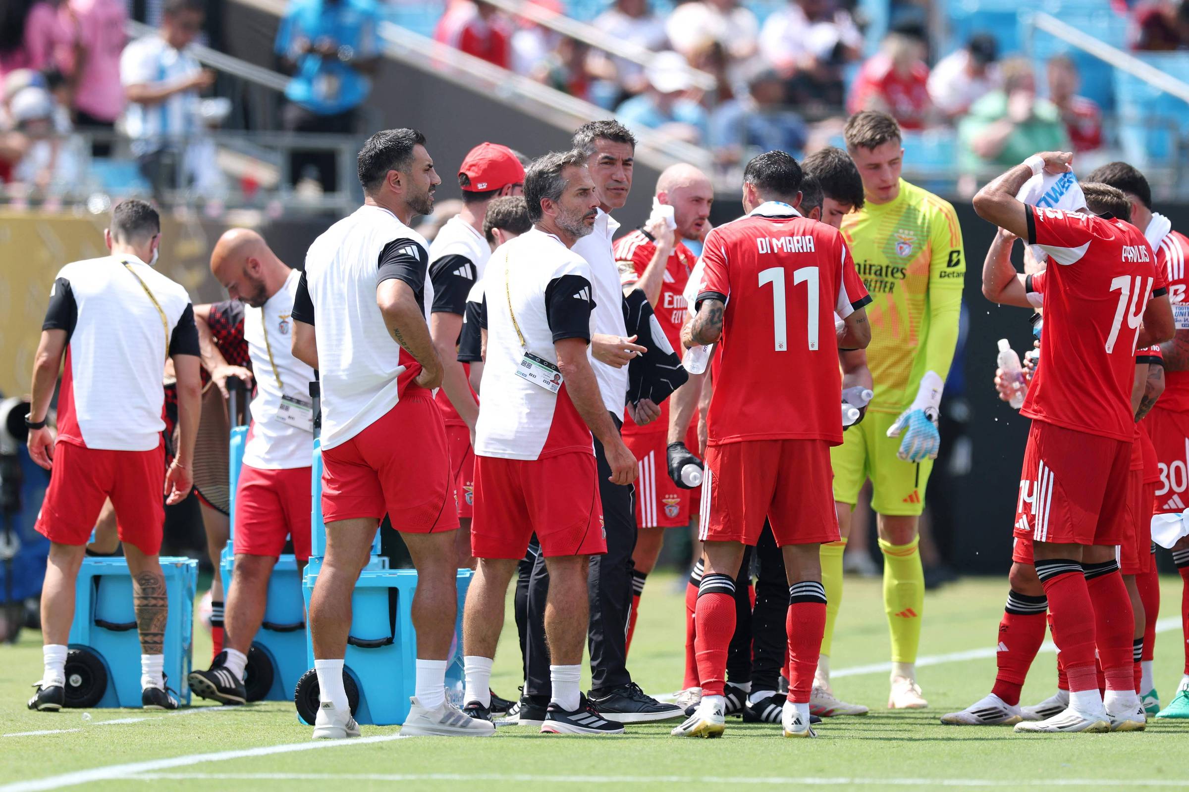 Sindicato de atletas critica Copa do Mundo de Clubes e condena a Fifa Jogadores do Benfica se refrescam durante intervalo em partida contra o Bayern de Munique pela Copa do Mundo de Clubes (Foto: Kevin C. Cox - 24.jun.2025/Getty Images via AFP)