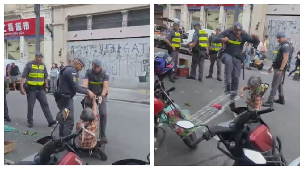 Mesmo após a reação da idosa chinesa, o PM pega o carrinho e se afasta com os outros policiais. (Foto: Reprodução/TV Globo)