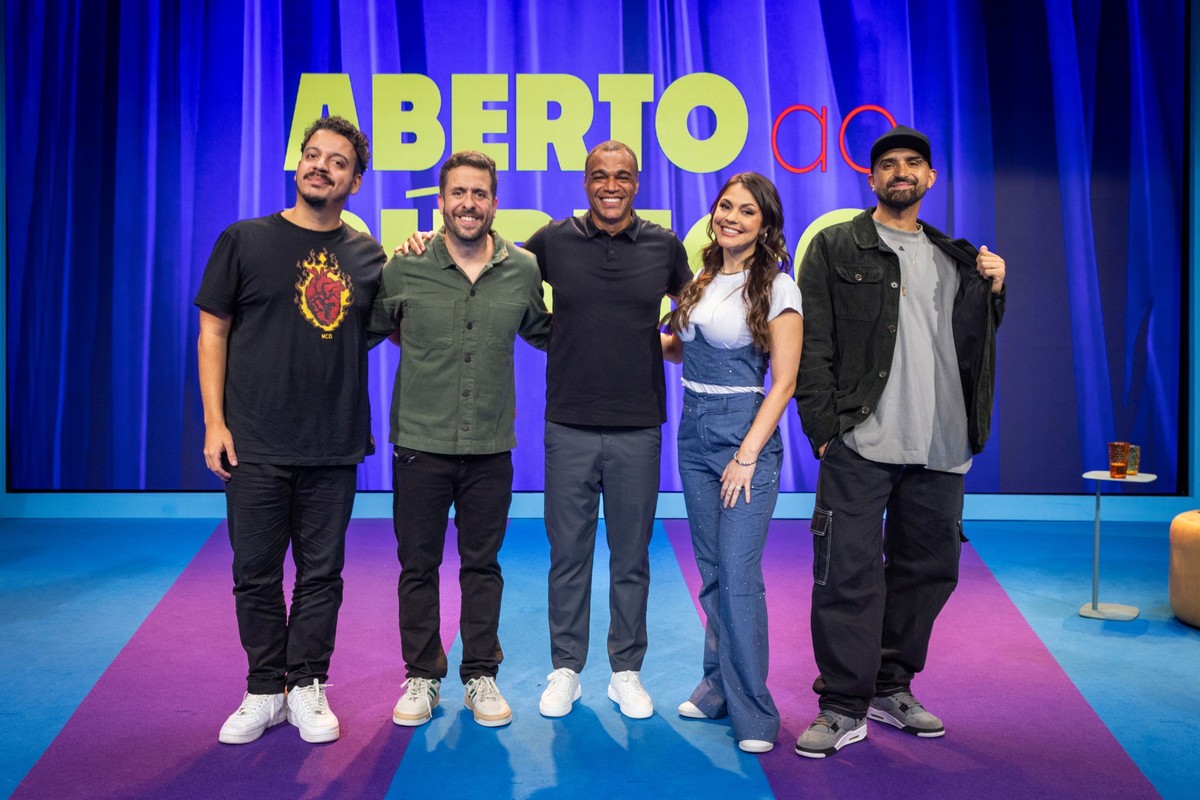 'Aberto ao público' retorna à programação da Globo com nova temporada Rodrigo Marques, Maurício Meirelles, Denilson, Bruna Louise e Thiago Ventura em 'Aberto ao público' (Foto: Globo/ Daniela Toviansky)