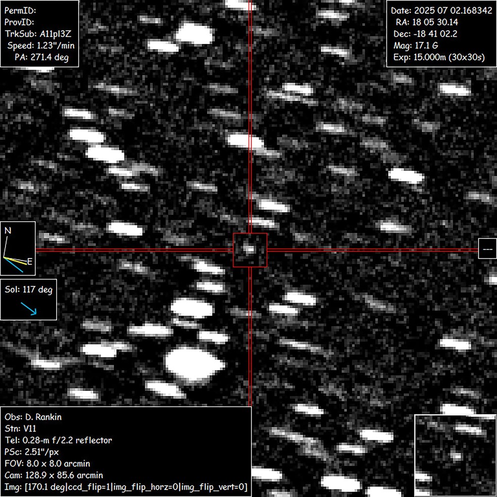 Astrônomos identificam terceiro objeto interestelar que passa pelo Sistema Solar Cometa 3I/ATLAS registrado por David Rankin, do Catalina Sky Survey, na Universidade do Arizona. (Foto: David Rankin/Saguaro Observatory)
