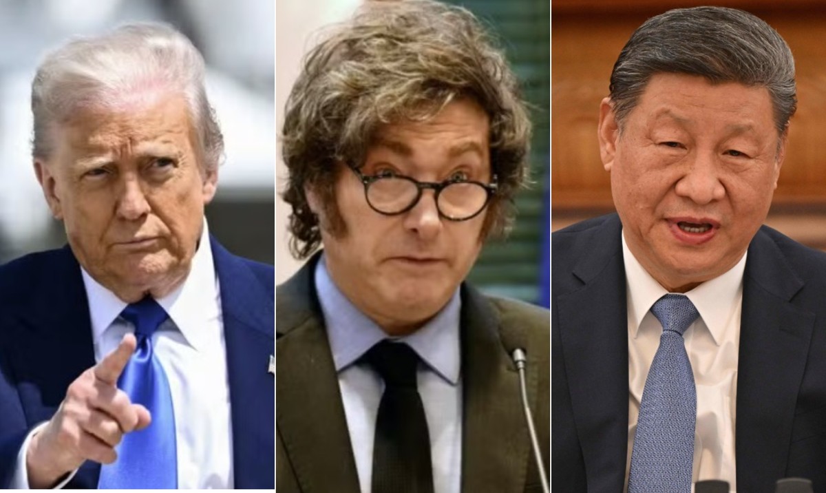 Argentina inicia exportação de farelo de soja para a China durante guerra comercial Donald Trump, Javier Milei e Xi Jinping: presidente argentino é discípulo de americano, usou retórica 'anti-comunista' nas eleições, mas depois se aproximou da China (Foto: Montagem com fotos de Brendan Smialowaski (AFP), Daniel Duarte (AFP) e Adek Berry (AFP))
