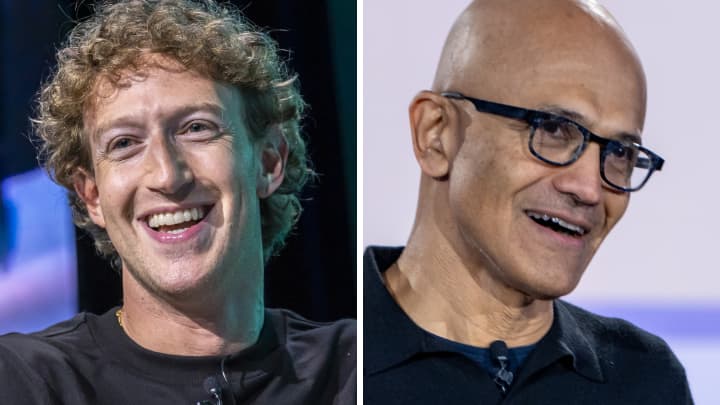 CEO da META, Mark Zuckerberg (E) e CEO da Microsoft, Satya Nadella. (Foto: Getty Images)