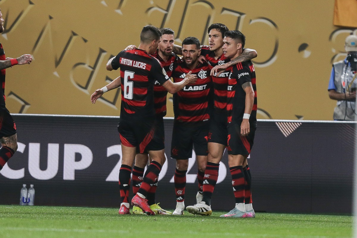 Jogadores do Flamengo celebram o gol de Arrascaeta, o primeiro no Mundial de Clubes (Foto: Gilvan de Souza / Flamengo)