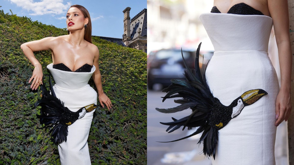 Beatriz Reis brilha na semana de moda em Paris com vestido de tucano brasileiro Beatriz Reis, atriz e apresentadora, está em Paris para acompanhar a semana de moda de alta-costura, sua primeira viagem internacional. (Foto: Divulgação)