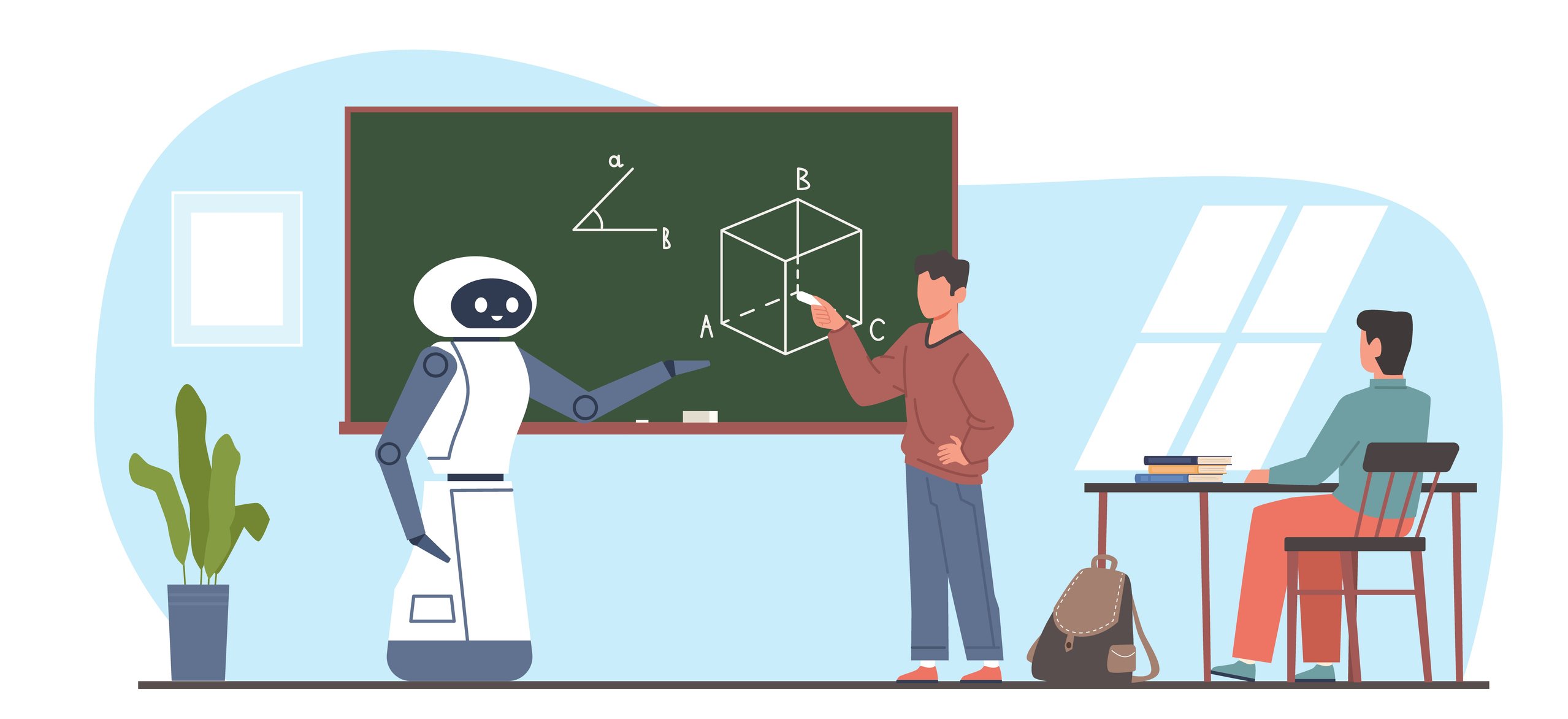 ChatGPT ensina a estudar de forma eficiente com um simples prompt IA Inteligência Artificial - Professor robô e alunos trabalham juntos no quadro negro em sala de aula. Educação do futuro em escola ou faculdade, ilustração em estilo cartoon de tecnologia de inteligência artificial. (Foto: GettyImages/Divulgação)