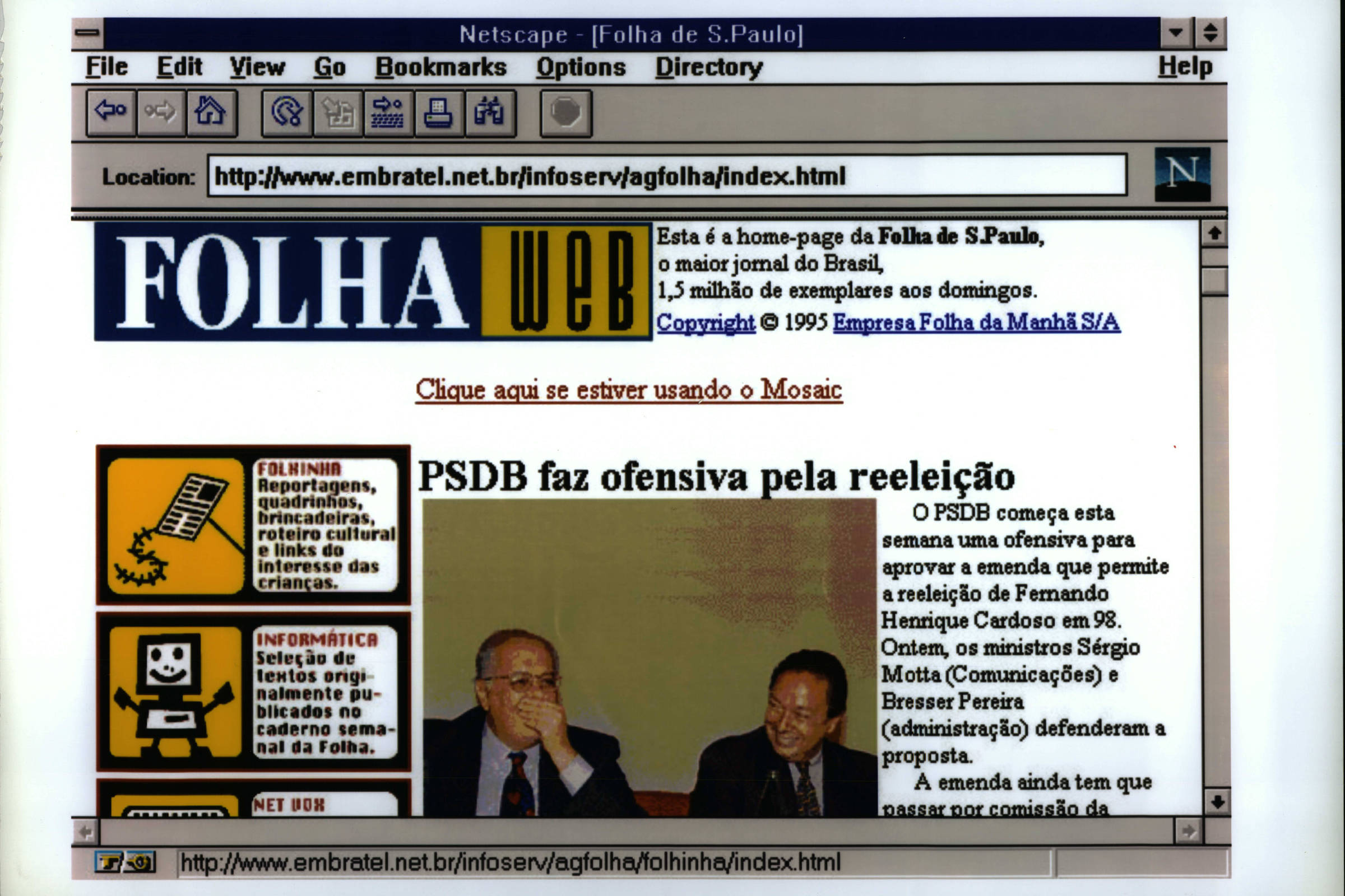 Folha celebra 30 anos na internet com marcos históricos e inovações digitais Página da Folha Web em 1995 (Foto: Folhapress)