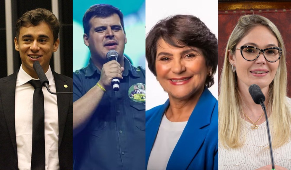 Denúncia de fake news envolve Nikolas, Engler e aliados na eleição de BH Montagem de fotos com Nikolas Ferreira, Bruno Engler, Coronel Cláudia e Delegada Sheila (Foto: Reprodução/Redes sociais)