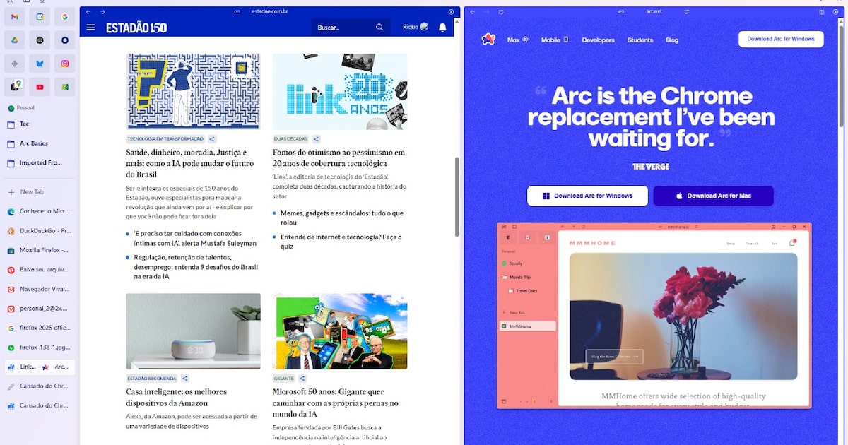 Descubra sete navegadores rápidos e modernos para substituir o Chrome O Arc aposta em uma interface radicalmente diferente, com uma barra lateral que organiza abas em grupos, pastas e perfis. (Foto: Henrique Sampaio/Estadão)