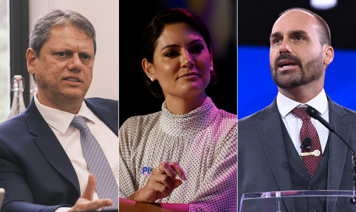 Governador de São Paulo, Tarcísio de Freitas (Republicanos), a ex-primeira-dama Michelle Bolsonaro (PL) e o deputado federal licenciado Eduardo Bolsonaro (PL-SP) (Foto: Vinicius Rosa/Governo do Estado de SP, Cristiano Mariz/O Globo e Saul Loeb/AFP)