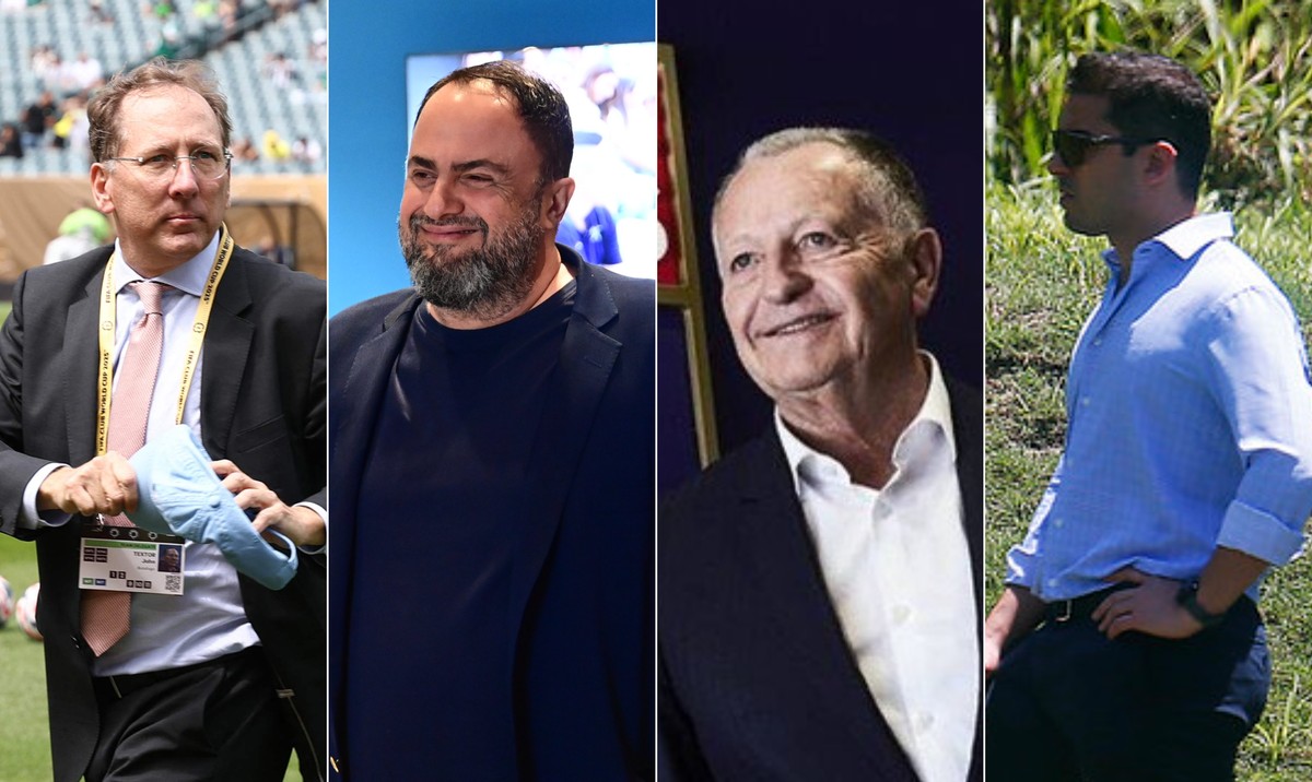 John Textor, Marinakis, Jean-Michel Aulas e Thairo Arruda: personagens do imbróglio Eagle x Botafogo (Foto: Fotos Divulgação)