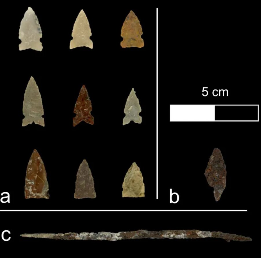 Uma seleção de artefatos recuperados do local River Bend em Casper, Wyoming. Figura (a) pontas de projétil; (b) ponta de flecha de ferro; e (c) awl de ferro. (Foto: Pelton et al.)