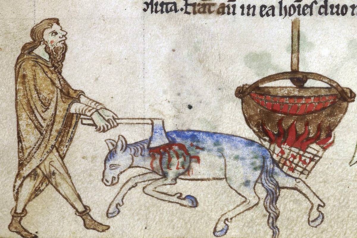 Representação do início do século 13 de cerimônia em que havia o consumo de carne de cavalo (Foto: British Library Royal)