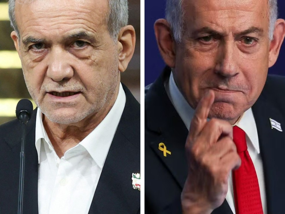 Irã acusa Israel de tentativa de assassinato contra seu presidente Presidente do Irã, Masoud Pezeshkian, e o premiê de Israel, Benjamin Netanyahu (Foto: Reuters)