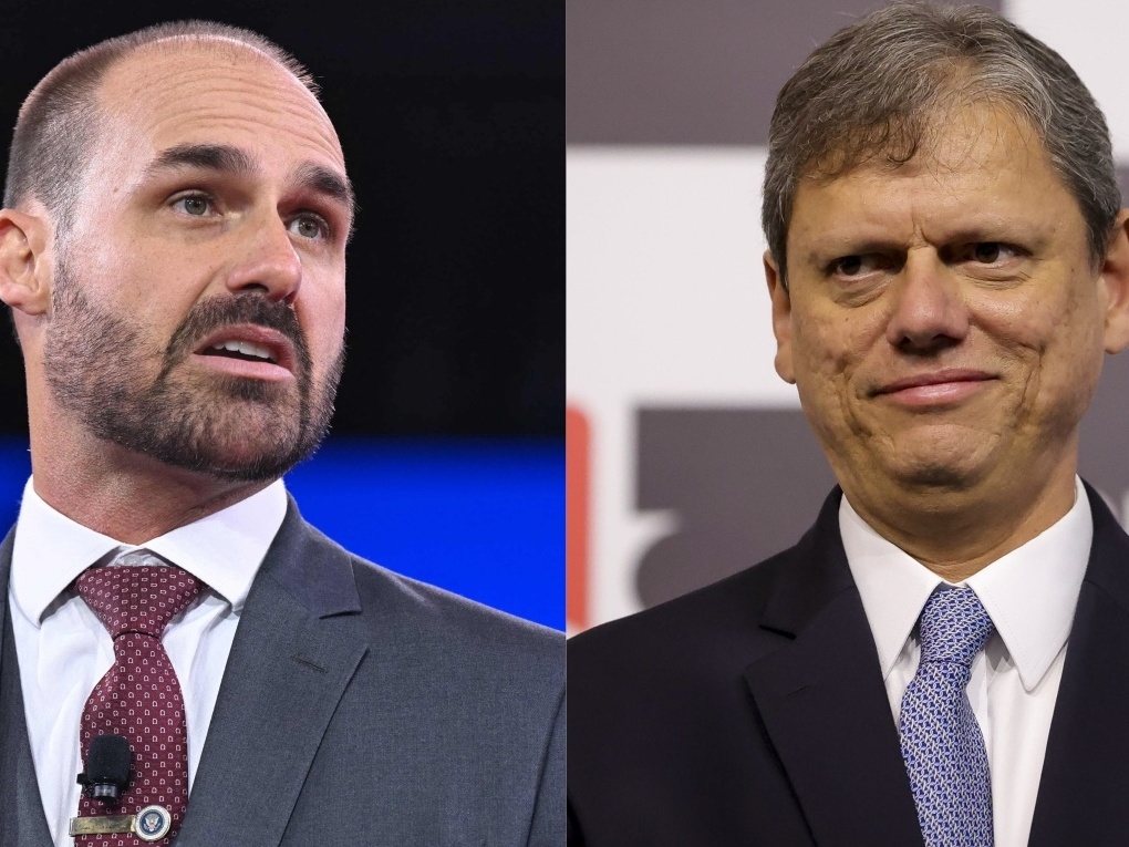 Eduardo critica Tarcísio e questiona vice-liderança do MBL no X Deputado Eduardo Bolsonaro e o governador de São Paulo, Tarcísio de Freitas (Foto: Saul Loeb/AFP e Pablo Jacob/Governo de São Paulo)