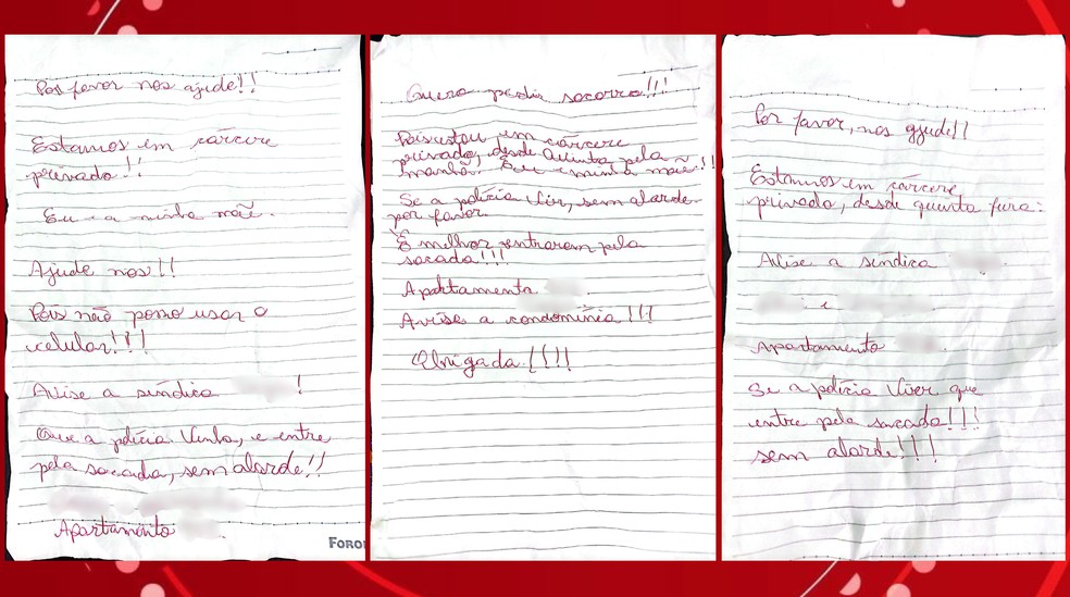 Mãe e filha pedem socorro ao jogarem bilhetes pela sacada em cativeiro Mãe e filha mantidas em cárcere no PR jogaram bilhetes pedindo ajuda pela sacada de apartamento (Foto: Reprodução)