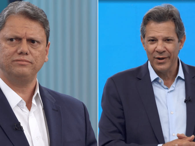 Haddad e Tarcísio se atacam após críticas sobre ação de Trump e tarifas Tarcísio de Freitas (Republicanos) e Fernando Haddad (PT), candidatos ao governo de São Paulo, participam do debate da TV Globo (Foto: Reprodução/TV Globo)
