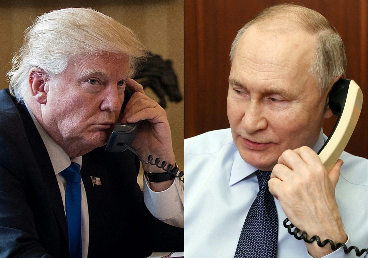 Trump e Putin estabelecem novo canal de comunicação por telefone Combinação de fotos mostra o presidente Donald Trump ao telefone, em 28 de janeiro de 2017, e o presidente russo, Vladimir Putin, ao telefone em Moscou, em 27 de dezembro de 2023 (Foto: Drew Angerer e Gavriil Grigorov/AFP).