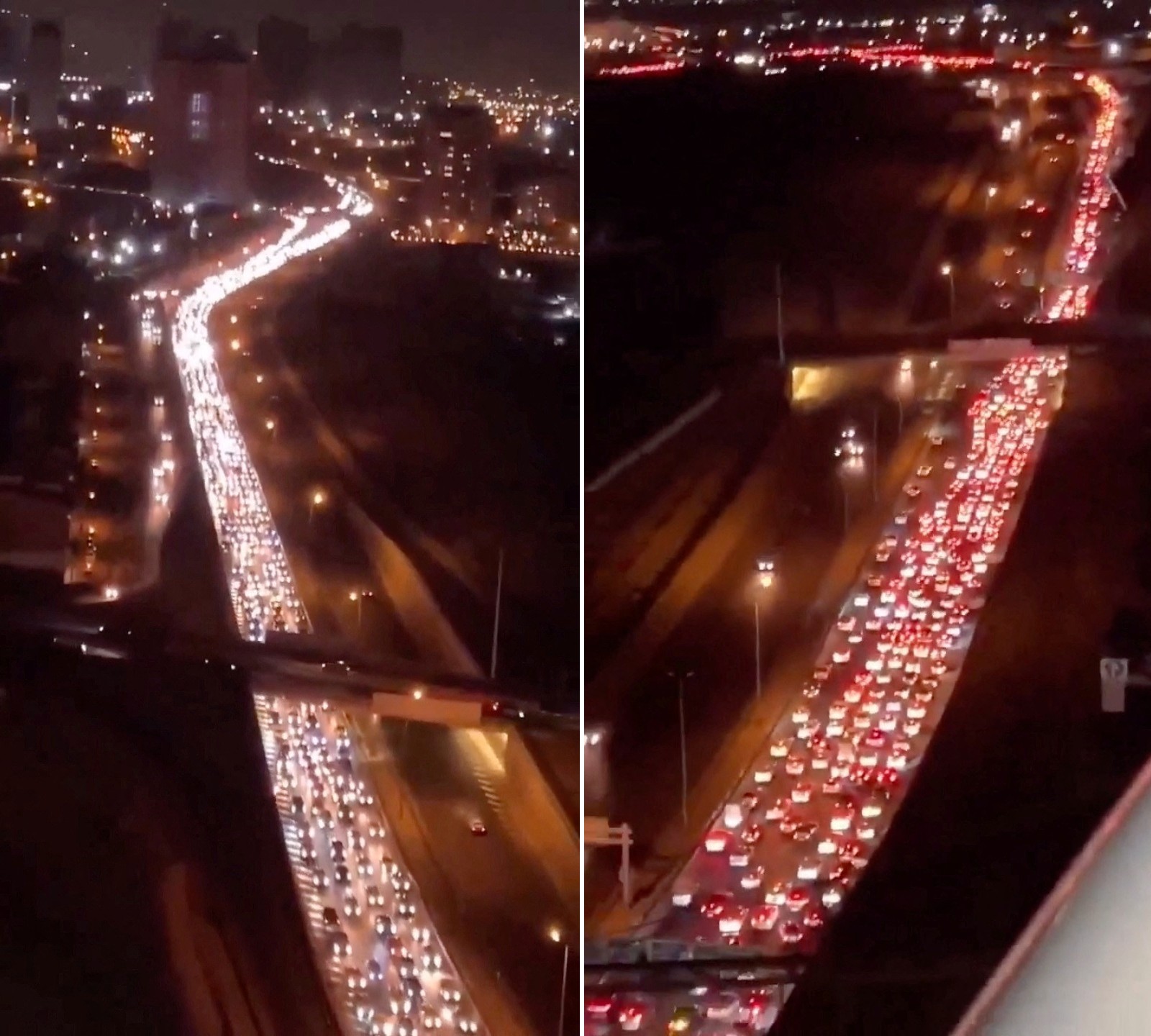 Tráfego intenso na rodovia Karaj-Chalus enquanto veículos se movem para o oeste em uma direção que sai de Teerã, Irã, enquanto Israel e Irã continuam a se atacar, nesta captura de tela obtida de um vídeo de mídia social divulgado em 16 de junho de 2025. (Foto: Mídia social/via REUTERS)