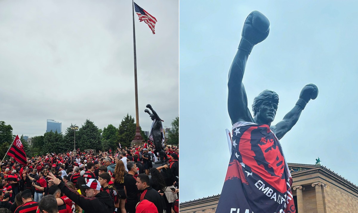 Estátua, símbolo da cidade, foi 'vestida' com uma bandeira do Flamengo (Foto: Arquivo Pessoal/Diogo Dantas)