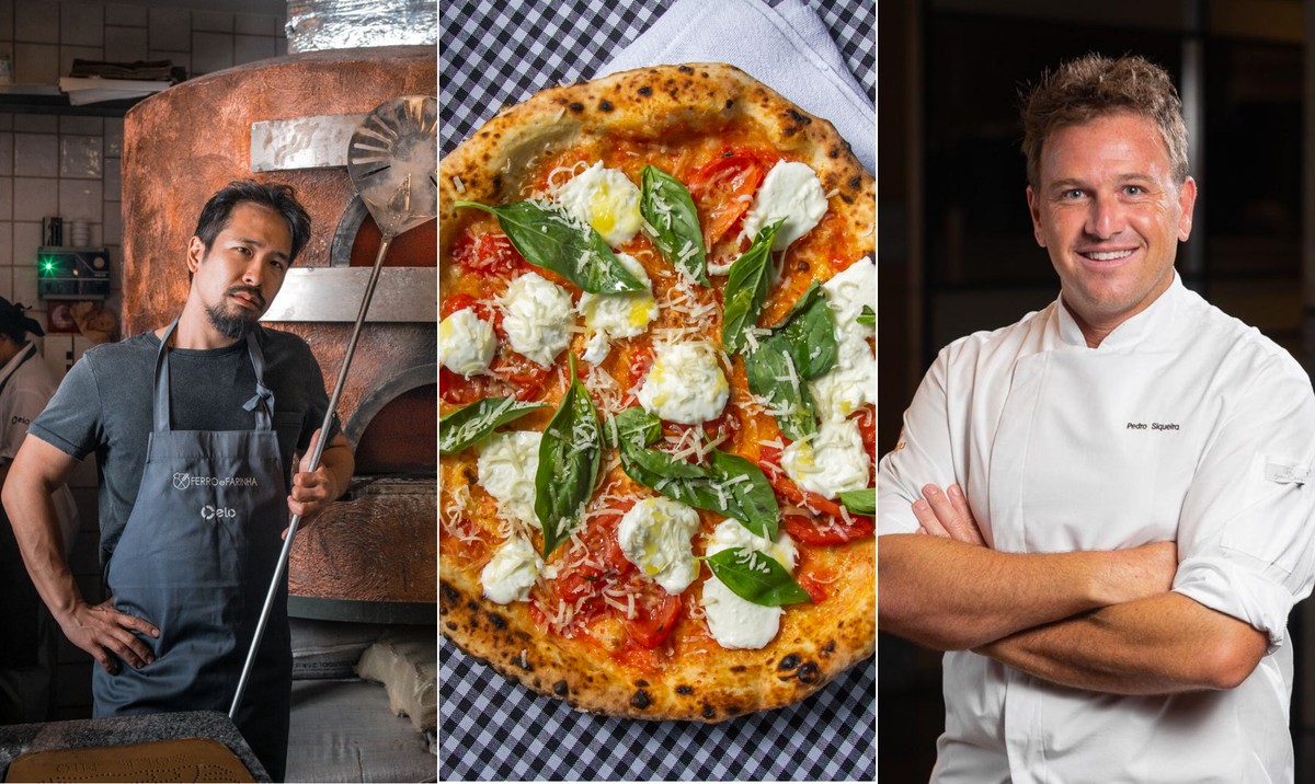 Seis pizzaiolos brasileiros são eleitos entre os 100 melhores do mundo em 2025 Sei Shiroma, da carioca Ferro e Farinha; pizza da Leggera, de André Guidon (SP) e Pedro Siqueira: entre os melhores pizzaiolos do mundo (Foto: arte)