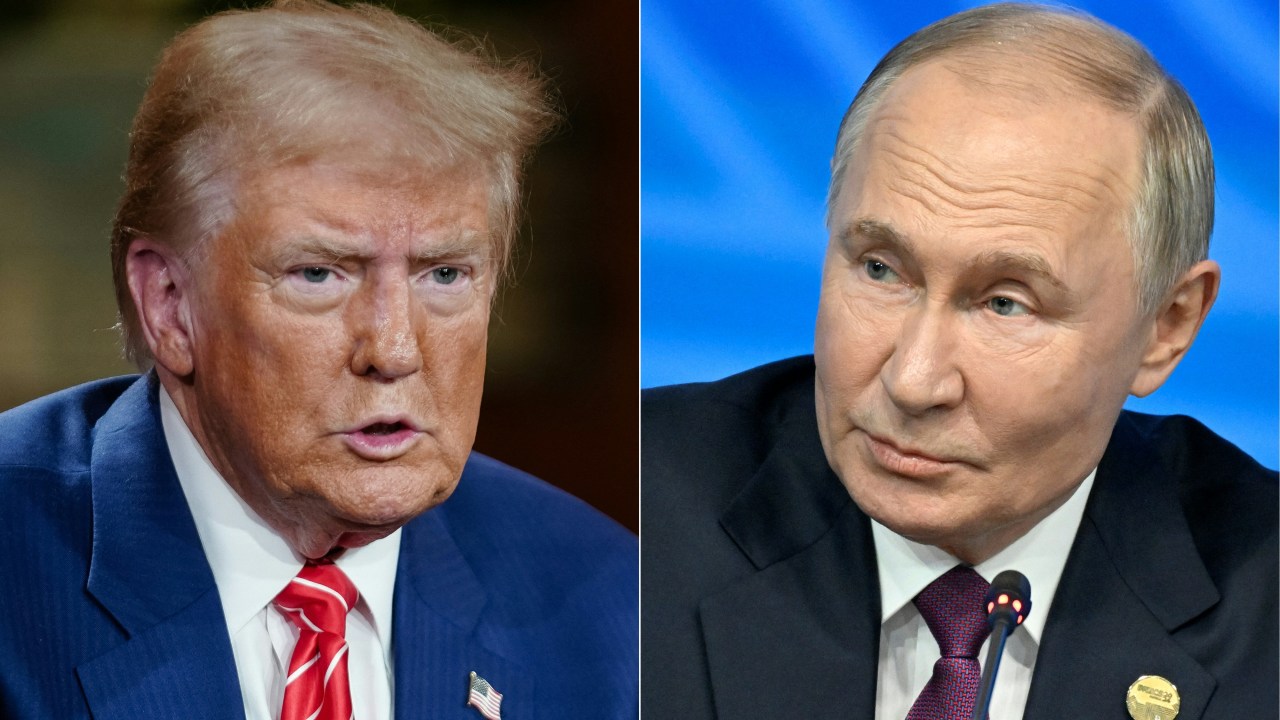 O presidente dos EUA, Donald Trump (esq.), e o presidente russo, Vladimir Putin. (Foto: Elijah Nouvelage e Alexander Nemenov/AFP)