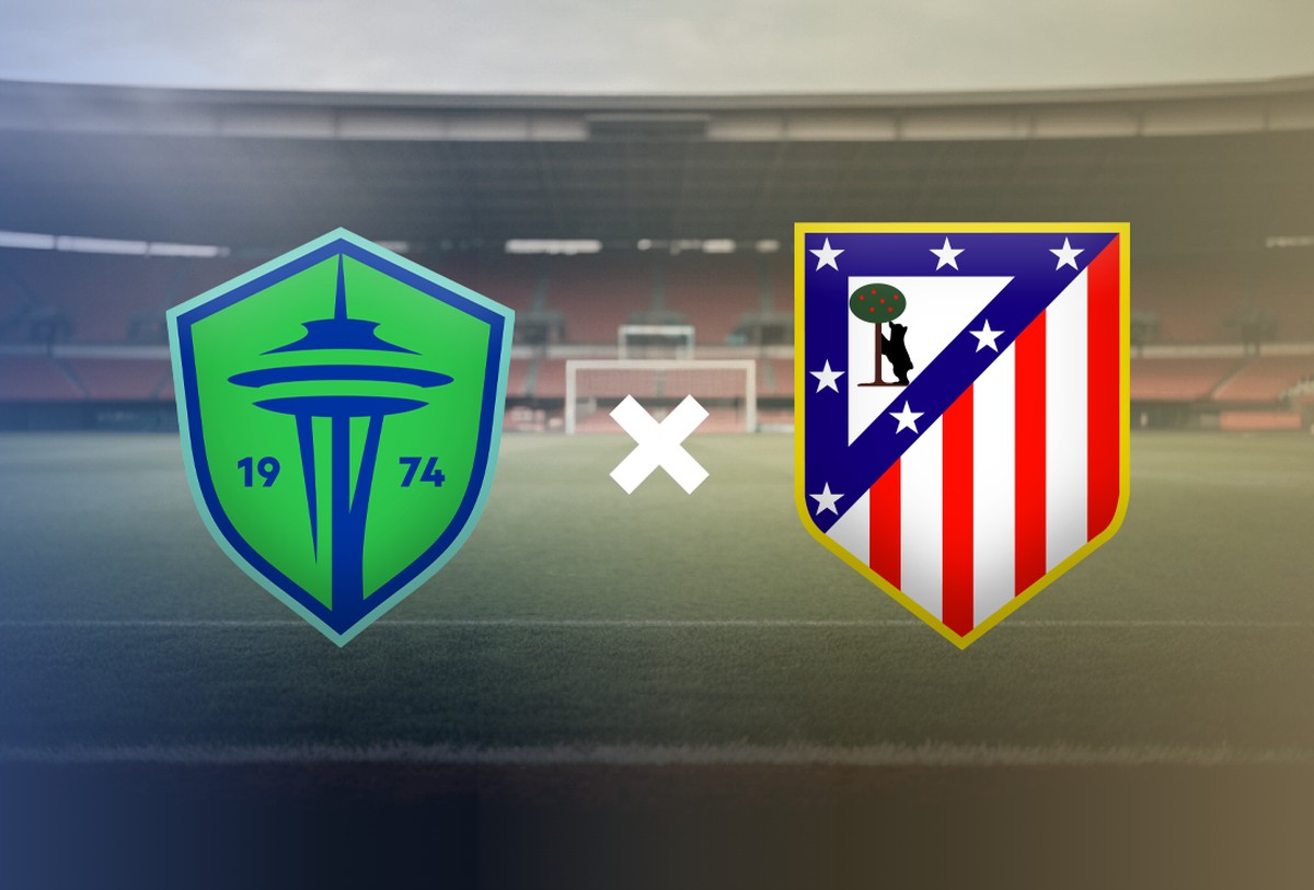 Seattle Sounders enfrenta Atlético de Madrid no Mundial de Clubes ao vivo Seattle Sounders x Atlético de Madrid (Foto: Editoria de Artes)