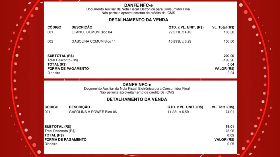 Funcionário desvia R$ 338 mil de posto de combustíveis com notas fiscais falsas no Paraná Funcionário cadastrava falsos descontos em notas fiscais e ficava com o dinheiro do "desconto", segundo delegado — Foto: Cedidas pela Polícia Civil