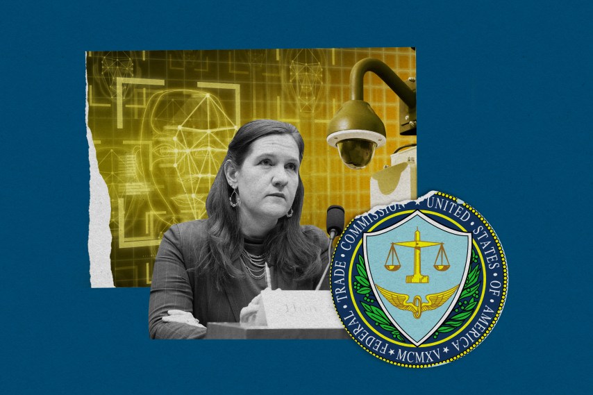 Agência de inteligência artificial dos EUA perde força em suas regulamentações Collage mostra reconhecimento facial de IA, o logo da FTC e a comissária da FTC, Rebecca Kelly Slaughter - Ilustração fotográfica de Sarah Rogers/MITTR | Fotos Getty, AP, Wikimedia Commons (Foto: Sarah Rogers/MITTR | Fotos Getty, AP, Wikimedia Commons)