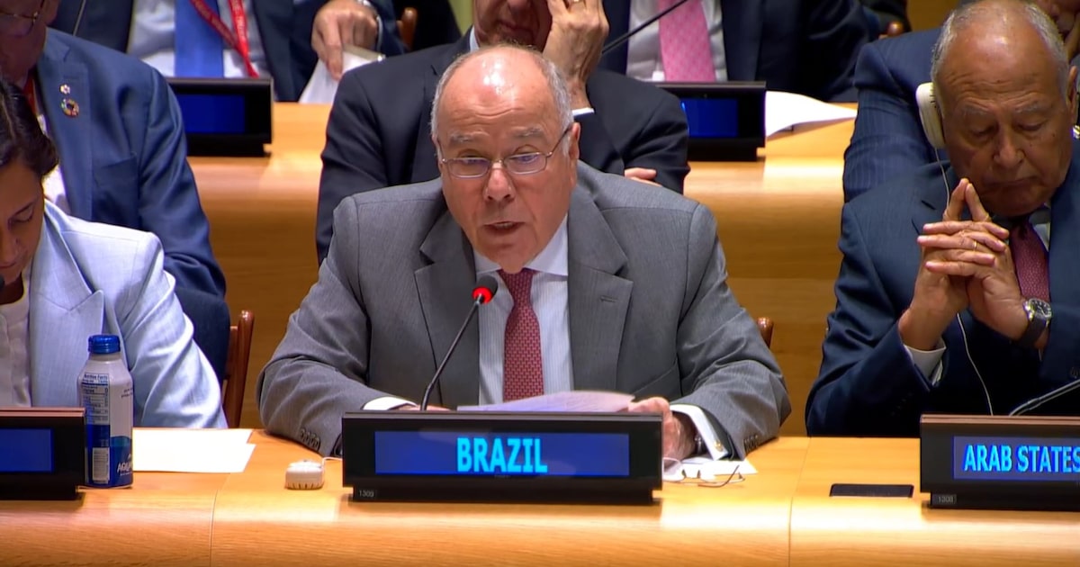 Mauro Vieira denuncia genocídio em Gaza e pede ação urgente da ONU O chanceler Mauro Vieira cita na ONU ações que países podem tomar contra violações do direito por Israel na Faixa de Gaza (Foto: Reprodução/UNTV)