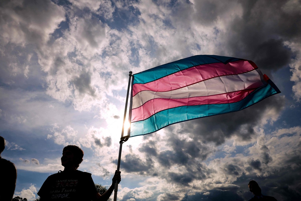 Pesquisadores criticam CFM por limitar tratamento a crianças e adolescentes trans Uma ativista dos direitos transgêneros segura uma bandeira durante o protesto do Dia da Visibilidade Trans no National Mall, em 31 de março de 2025, na cidade de Washington. (Foto: AFP)