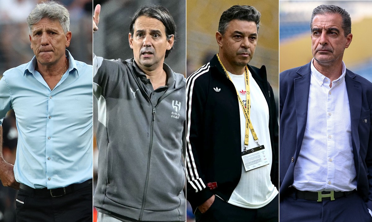 Mundial revela pressão e desafios inéditos para treinadores no futebol global Renato Gaúcho, Inzaghi, Gallardo e Paiva: alguns dos técnicos personagens do Mundial (Foto: FRANCK FIFE / AFP; PATRICIA DE MELO MOREIRA / AFP; Pablo PORCIUNCULA / AFP; Buda Mendes/Getty Images/AFP)