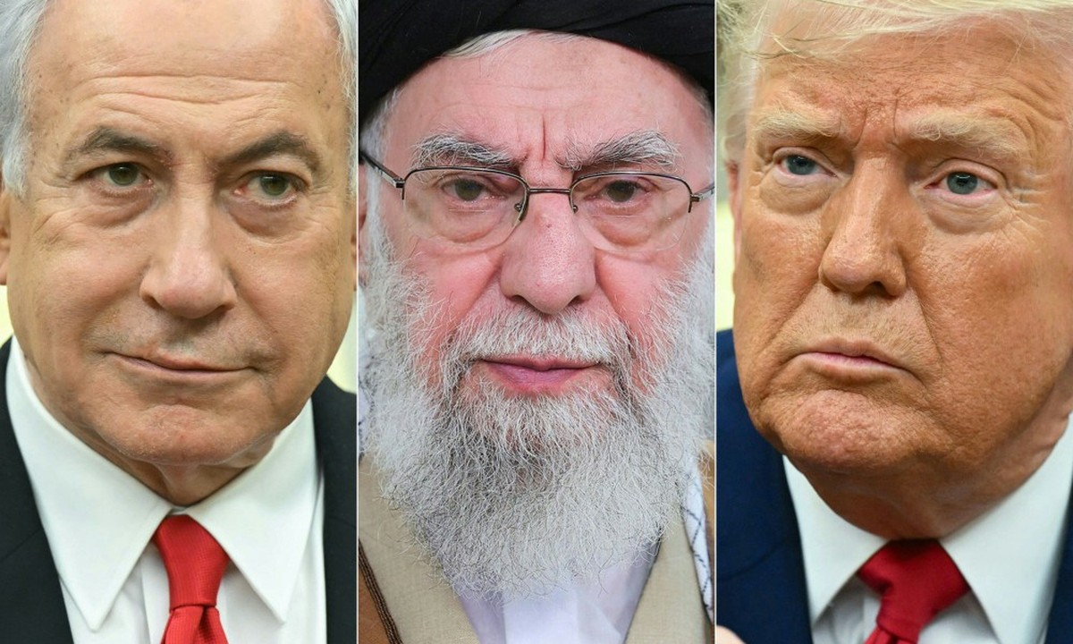 Trégua entre Israel e Irã não é formalizada e quase fracassa em acordo verbal O premier de Israel, Benjamin Netanyahu (esq.), o aiatolá Ali Khamenei e o presidente dos EUA, Donald Trump (Foto: AFP)