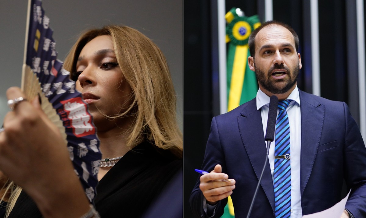 Erika Hilton pediu o bloqueio dos bens do deputado que está nos Estados Unidos (Foto: Fotos de O Globo e Câmara)
