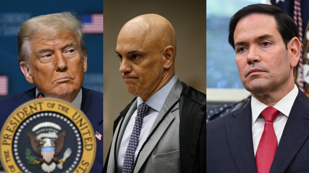 Donald Trump (esquerda), Alexandre de Moraes (centro) e Marco Rubio (direita) — Foto: Andrew Caballero-Reynolds/AFP (esquerda e direita) e Brenno Carvalho/Agência O Globo