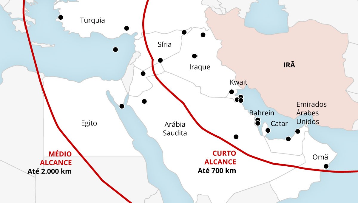 Tropas dos EUA enfrentam risco de retaliação do Irã após recentes ataques no Oriente Médio Mapa do alcance estimado dos mísseis balísticos do Irã (Foto: Arte O Globo)