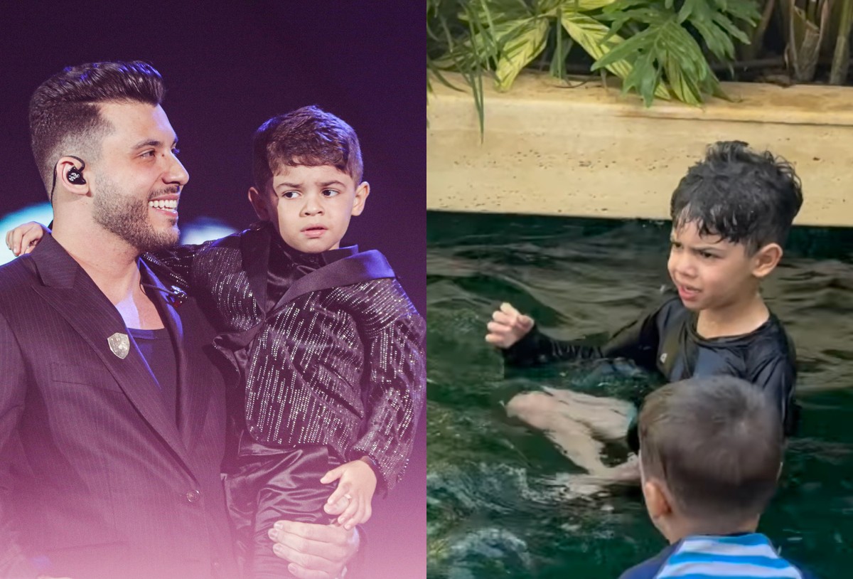 Huff compartilha momento especial com filho em aula de natação Murilo Huff e Leo, seu filho com Marília Mendonça — Foto: Van Campos/AgNews e Reprodução/Instagram