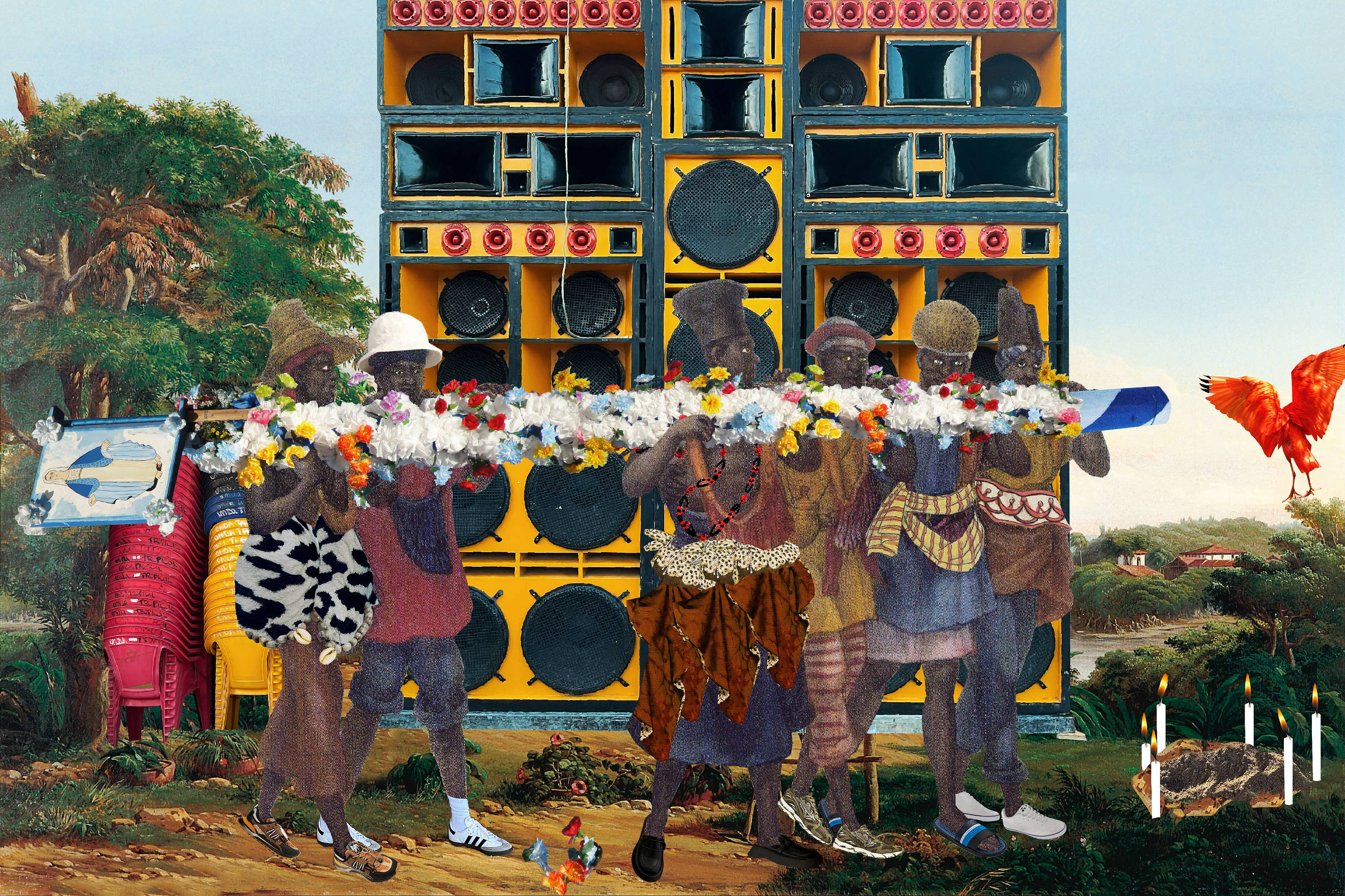 Mostra em São Paulo une reggae jamaicano e cultura do Maranhão em exposição única Espera da reza pro bater do tambor da série radiola da promessa (2024), de Gê Viana na exposição 'Maranhão na Jamaica' - Lima Galeria/Cortesia (Foto: Lima Galeria/Cortesia)