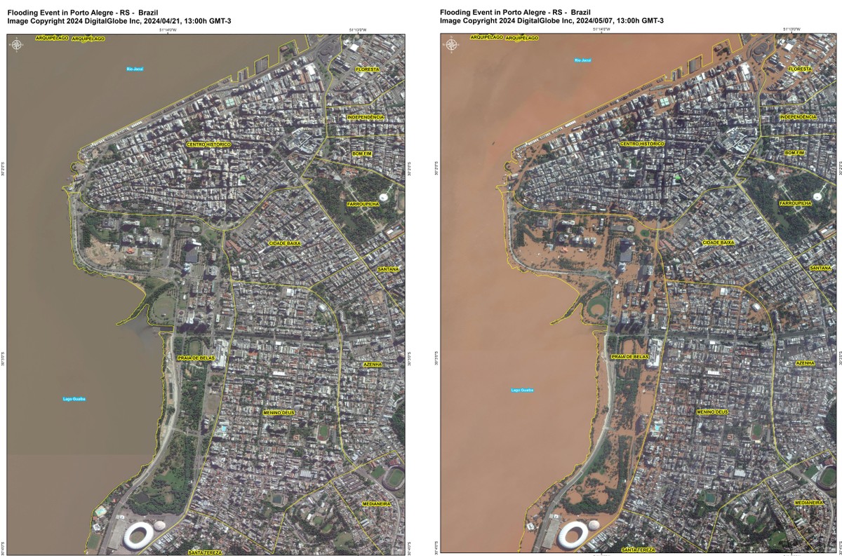 Governança dos recursos espaciais deve ser mais justa e inclusiva para todos Imagens de satélite comparam Porto Alegre antes e depois das inundações (Foto: Censipam)