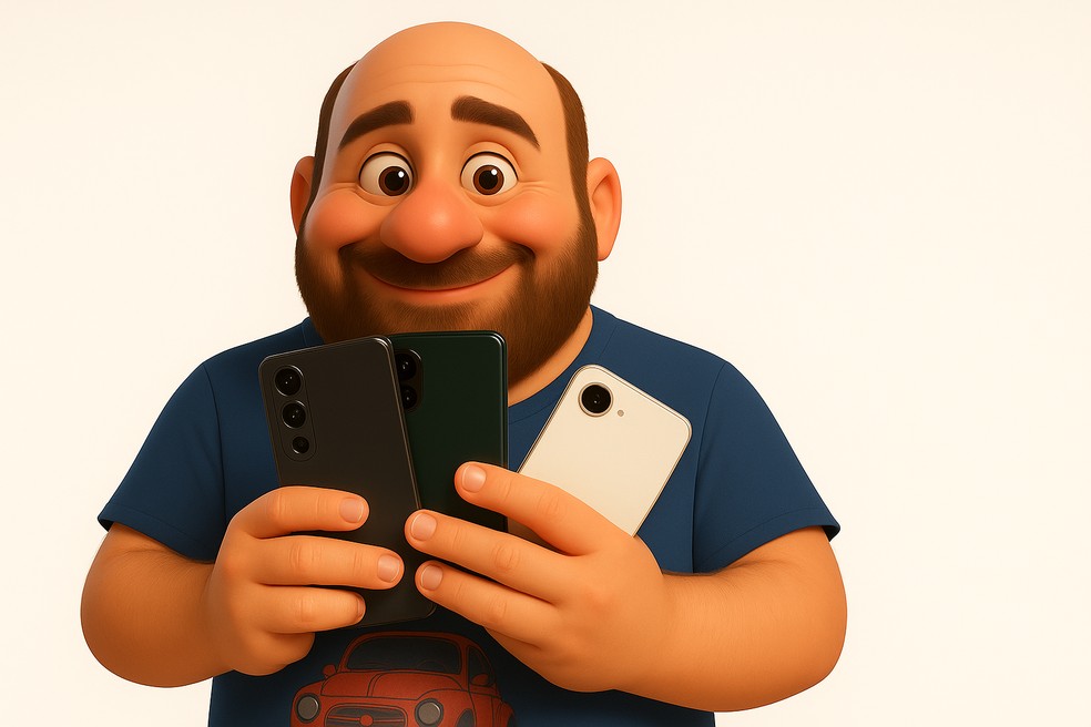 IA transforma experiências em celulares: g1 testa recursos em iPhone, Moto Razr e Galaxy Edge Imagem gerada por inteligência artificial mostra personagem de desenho com três celulares nas mãos (Foto: Reprodução/Perplexity.ai)