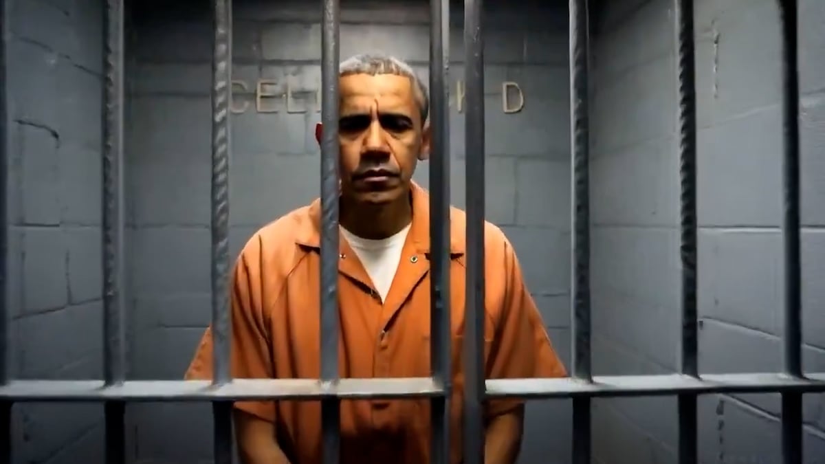 Captura de um vídeo gerado com inteligência artificial que mostra o ex-presidente Barack Obama preso após ser arrestado pelo FBI. (Foto: RR SS)