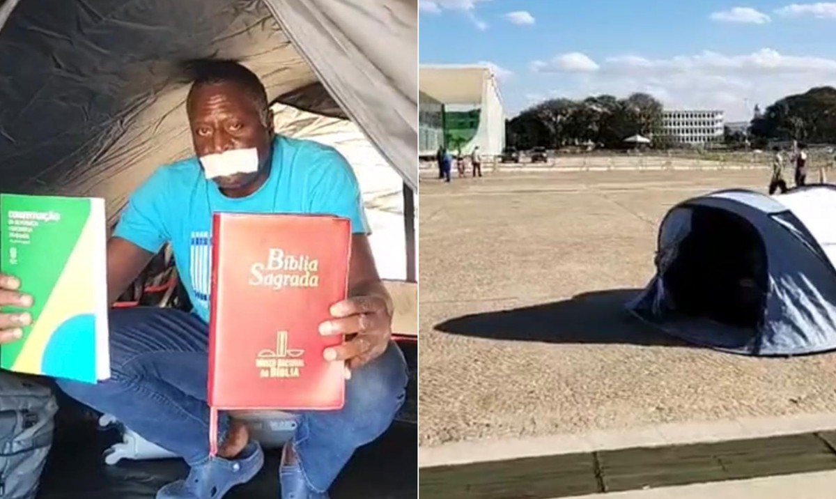 Deputado bolsonarista realiza 'jejum de palavras' em protesto em frente ao STF Acampamento montado por deputado Hélio Lopes em frente ao STF (Foto: Reprodução/Redes sociais)