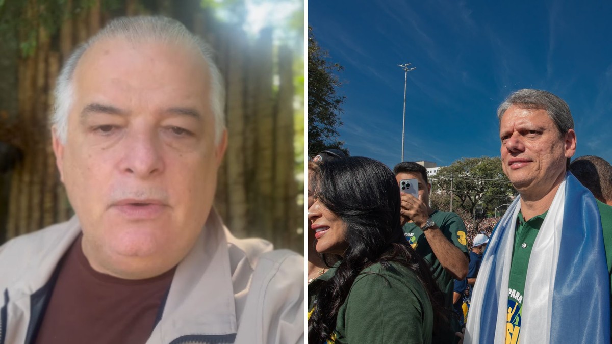 O ministro Márcio França criticou Tarcísio de Freitas por usar bandeira de Israel na Marcha Para Jesus (Foto: Reprodução e Edilson Dantas/Agência O Globo)