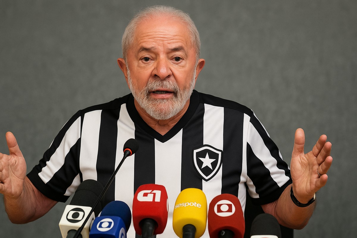 Lula aposta em camisas de Botafogo e Flamengo para conquistar torcedores nas coletivas Lula em coletiva de imprensa com seu novo uniforme oficial (Foto: ChatGPT)